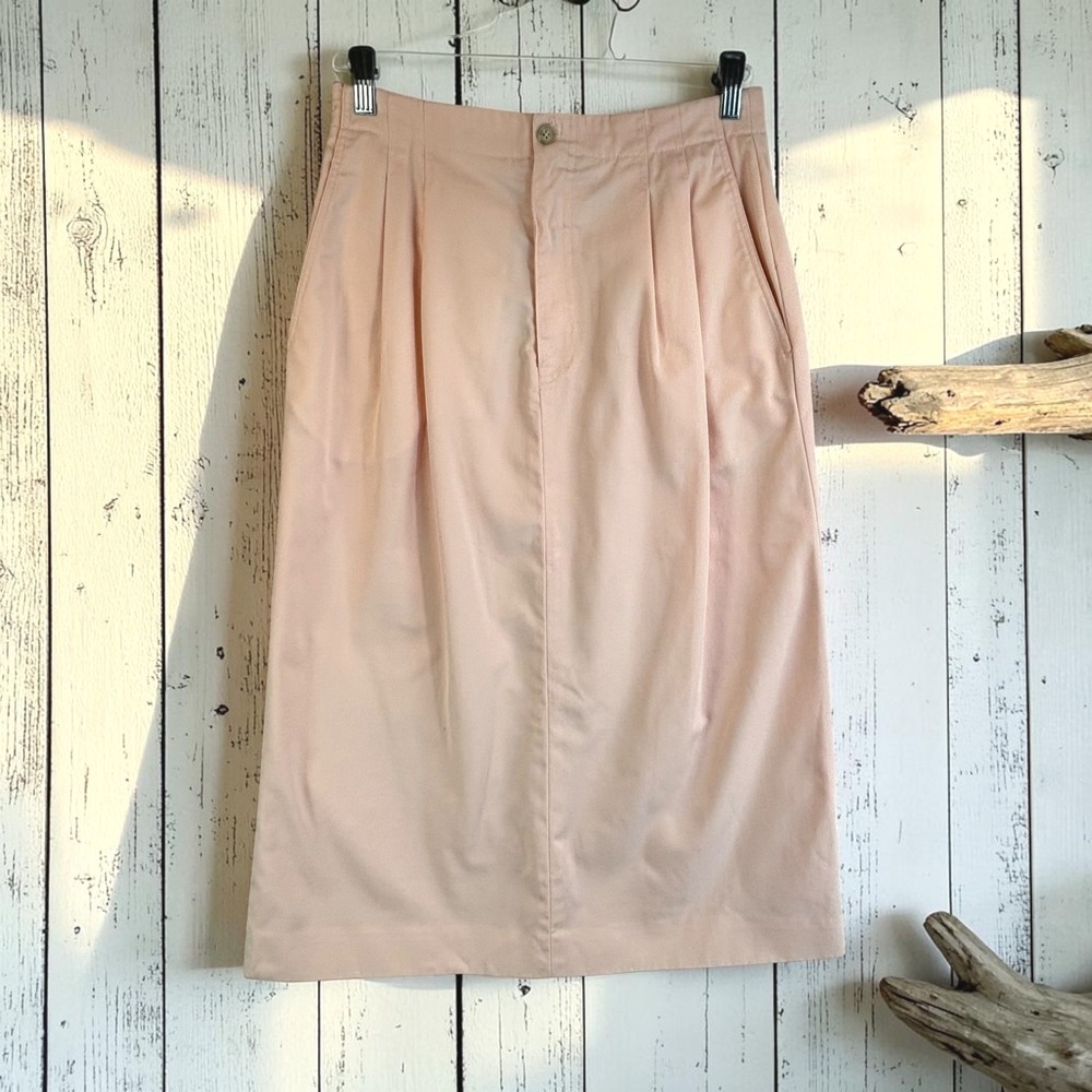 Vintage Midi Skirt 14*Fits M/L Pink Peach Cotton Twill Pleated Pockets USA